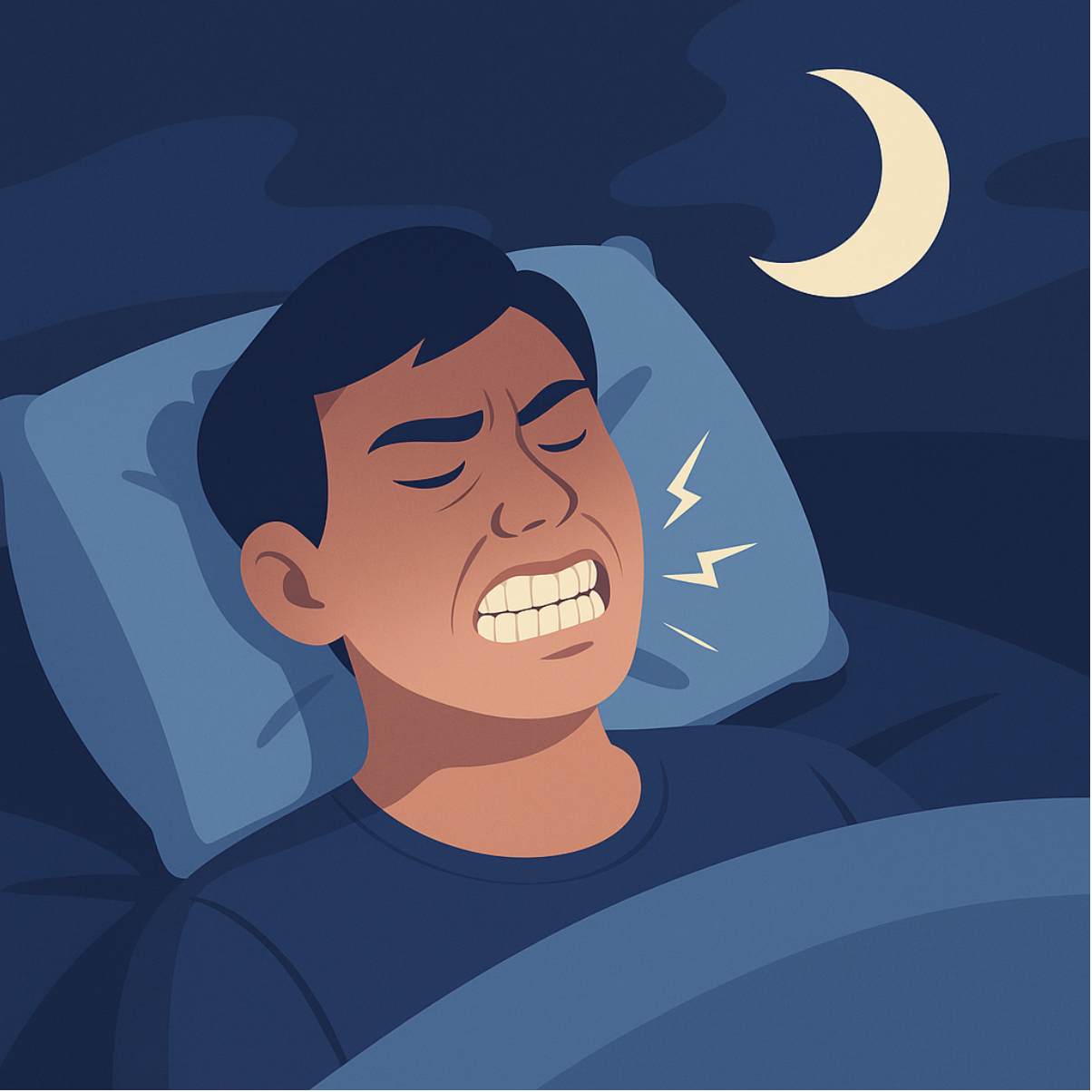 Persona acostada con expresión tensa mostrando mandíbula apretada durante el sueño nocturno
