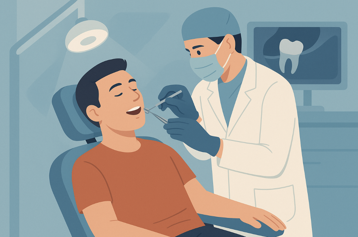 Paciente tranquilo durante extracción de muela del juicio con tecnología avanzada.