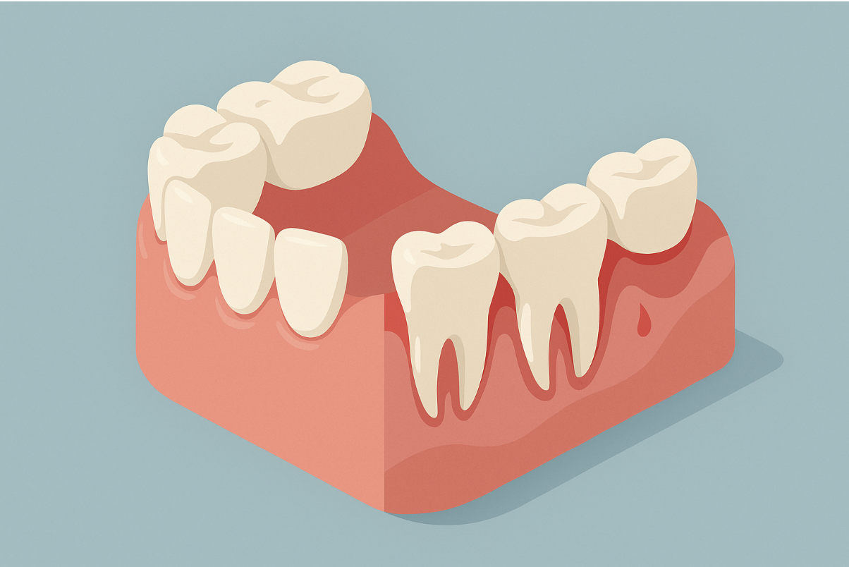 Comparativa entre encías sanas y encías con periodontitis avanzada en vista isométrica.