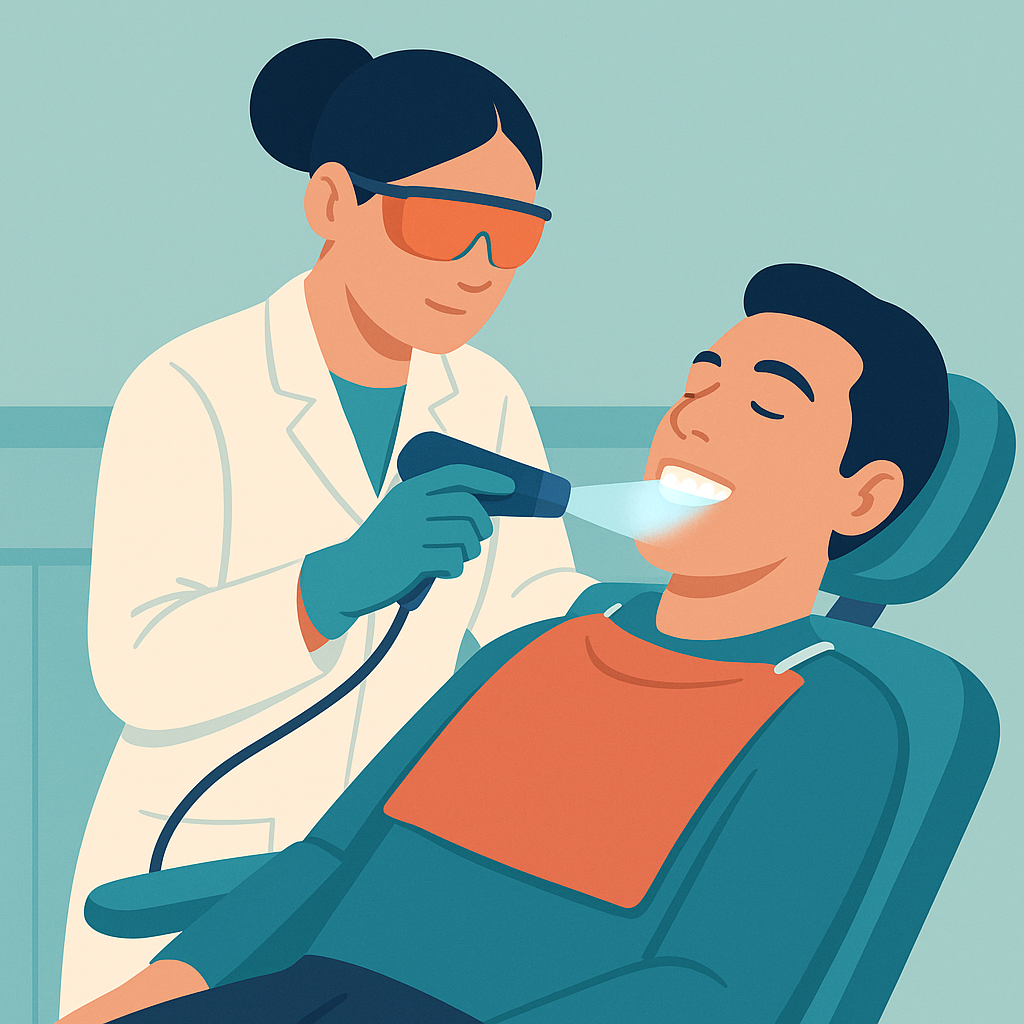 Dentista aplicando luz láser en dientes de paciente durante tratamiento blanqueador.