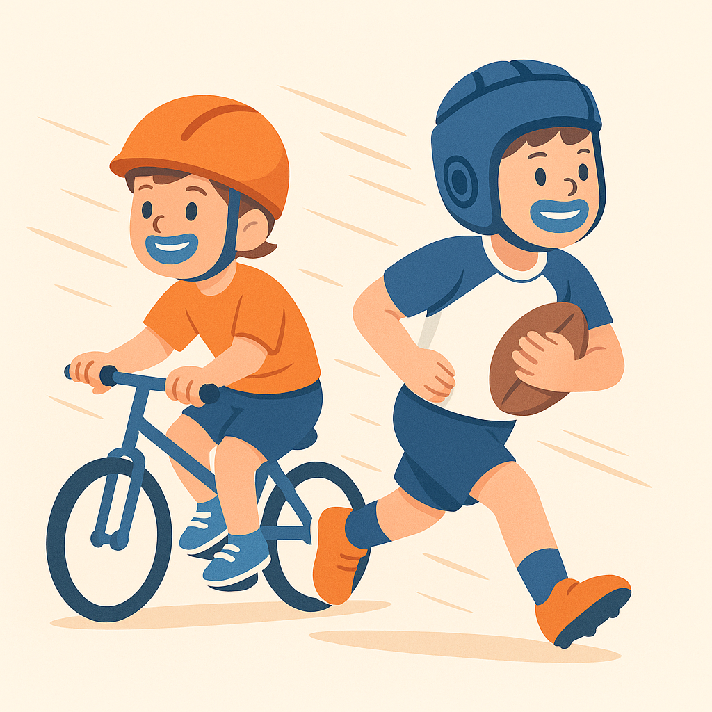 Niños practicando deporte con protectores bucales y sensación de movimiento.

