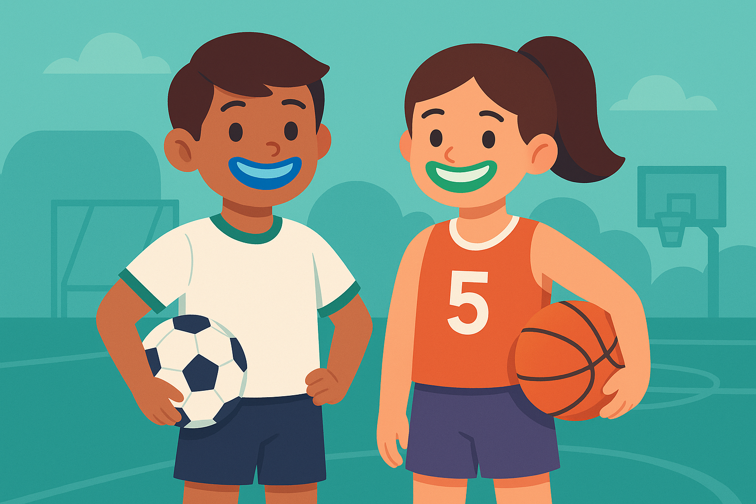 Niños deportistas sonrientes con protectores bucales en un campo deportivo.