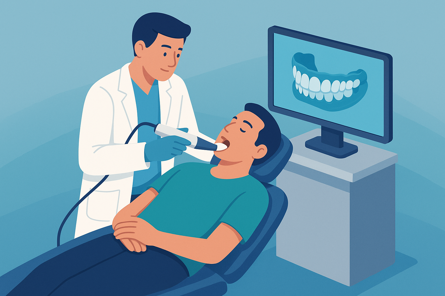 Odontólogo escaneando digitalmente la boca de un paciente con modelo 3D en pantalla.