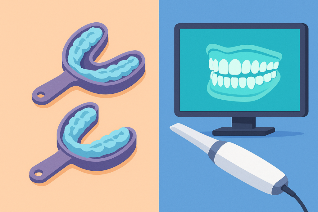 Comparación entre moldes dentales antiguos y escaneo intraoral digital moderno.