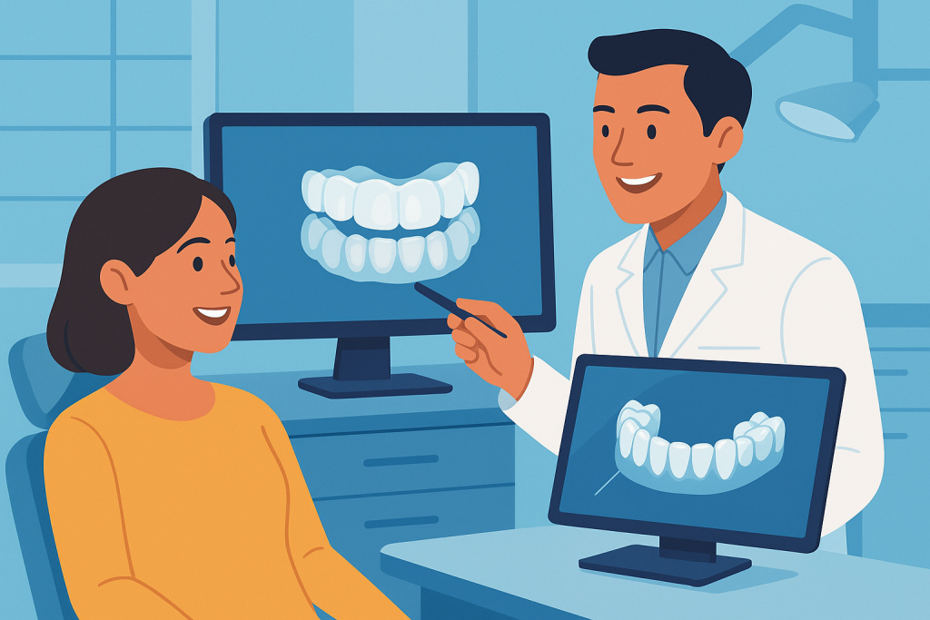 Paciente y odontólogo observando modelo 3D dental en pantalla con actitud relajada.