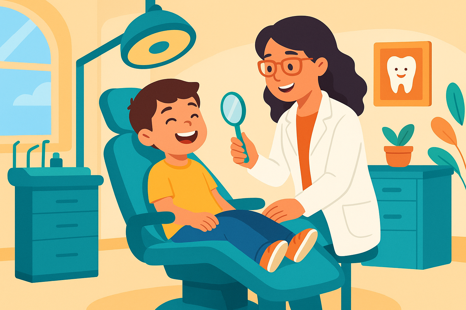 Niño sonriente en su primera visita al odontopediatra en Málaga.