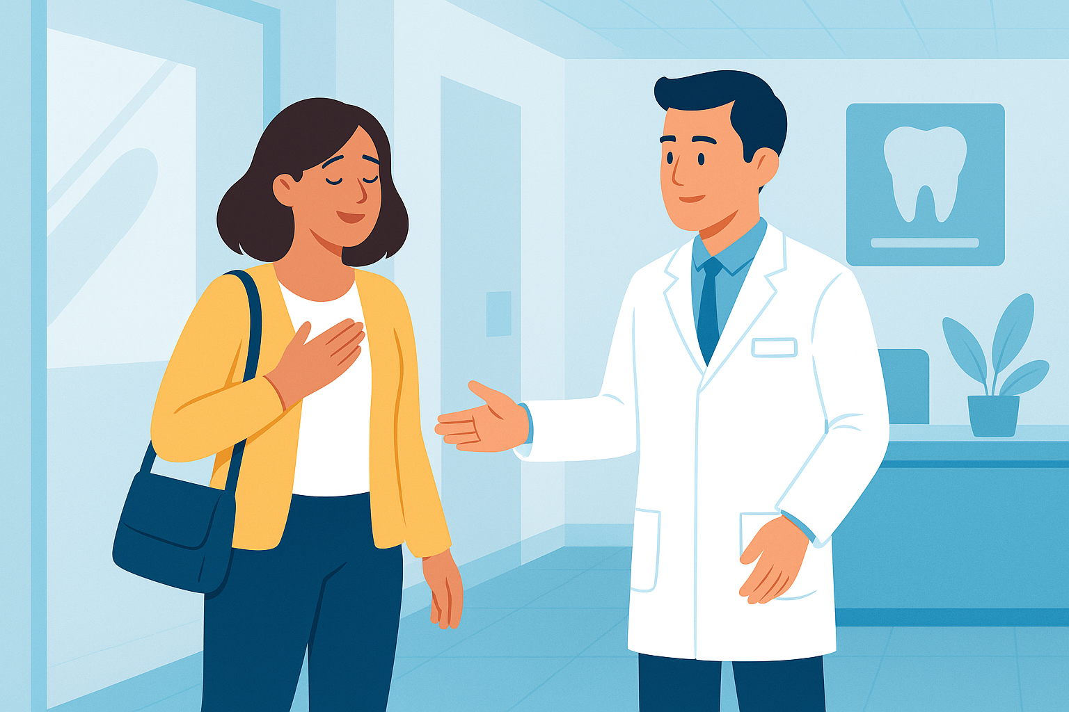 Paciente llegando a clínica dental moderna en Málaga y siendo atendida con rapidez.