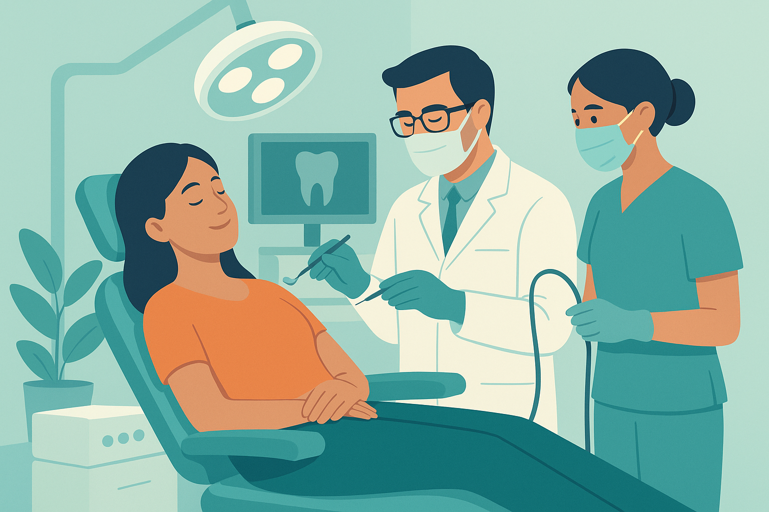 Paciente relajada en el sillón dental bajo supervisión profesional en Miranda Clínica Dental Ponferrada.