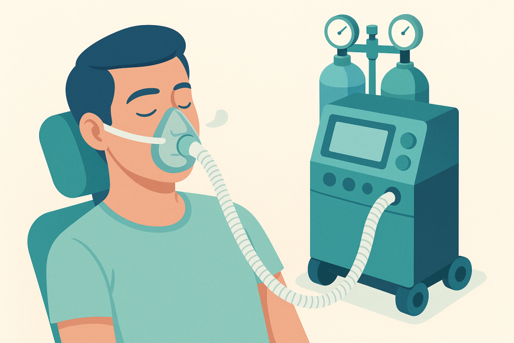 Ilustración de paciente usando mascarilla nasal para sedación consciente inhalatoria.