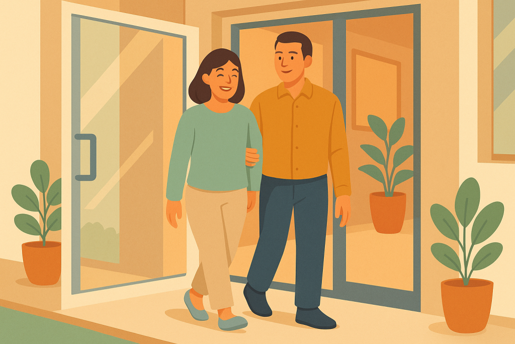 Paciente sonriente saliendo acompañado tras tratamiento dental con sedación consciente.