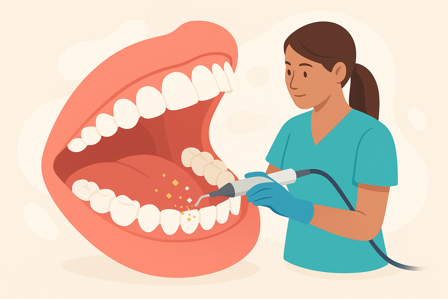 Higienista aplicando ultrasonidos para eliminar sarro en una limpieza dental profesional.