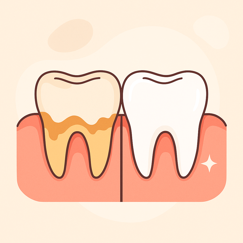 Comparación de encías con sarro frente a encías limpias después de una limpieza dental.