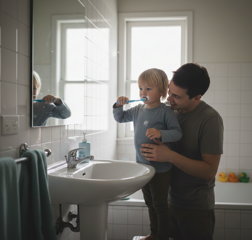 Niño y adulto cepillando dientes juntos frente al espejo en una rutina guiada.