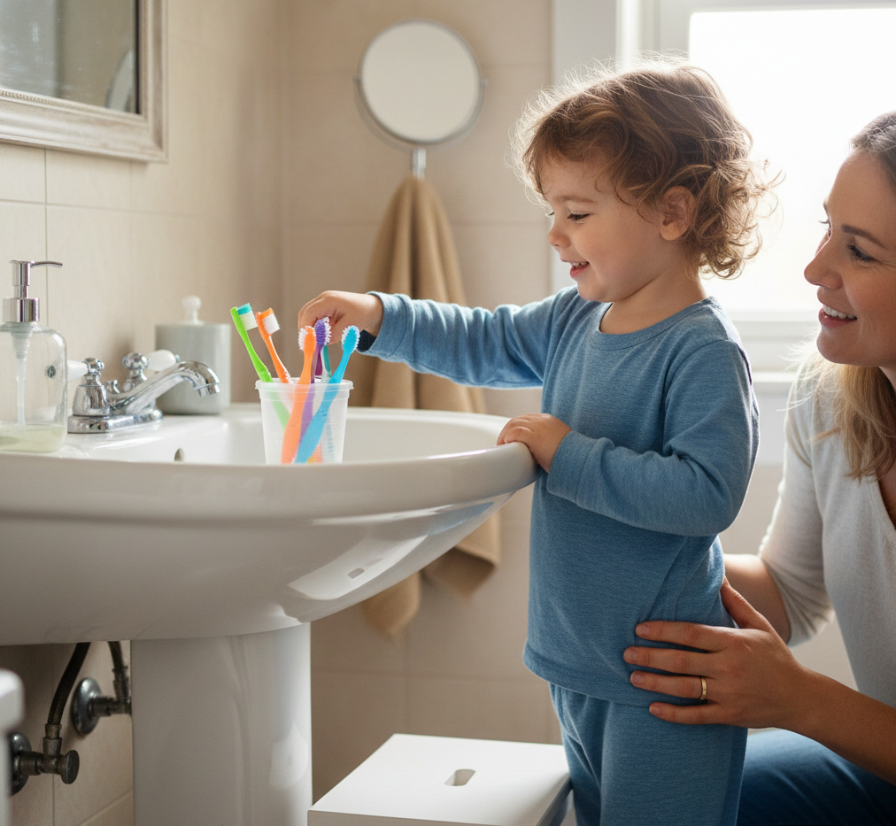 Niño eligiendo su cepillo dental infantil en un baño mientras un adulto supervisa.
