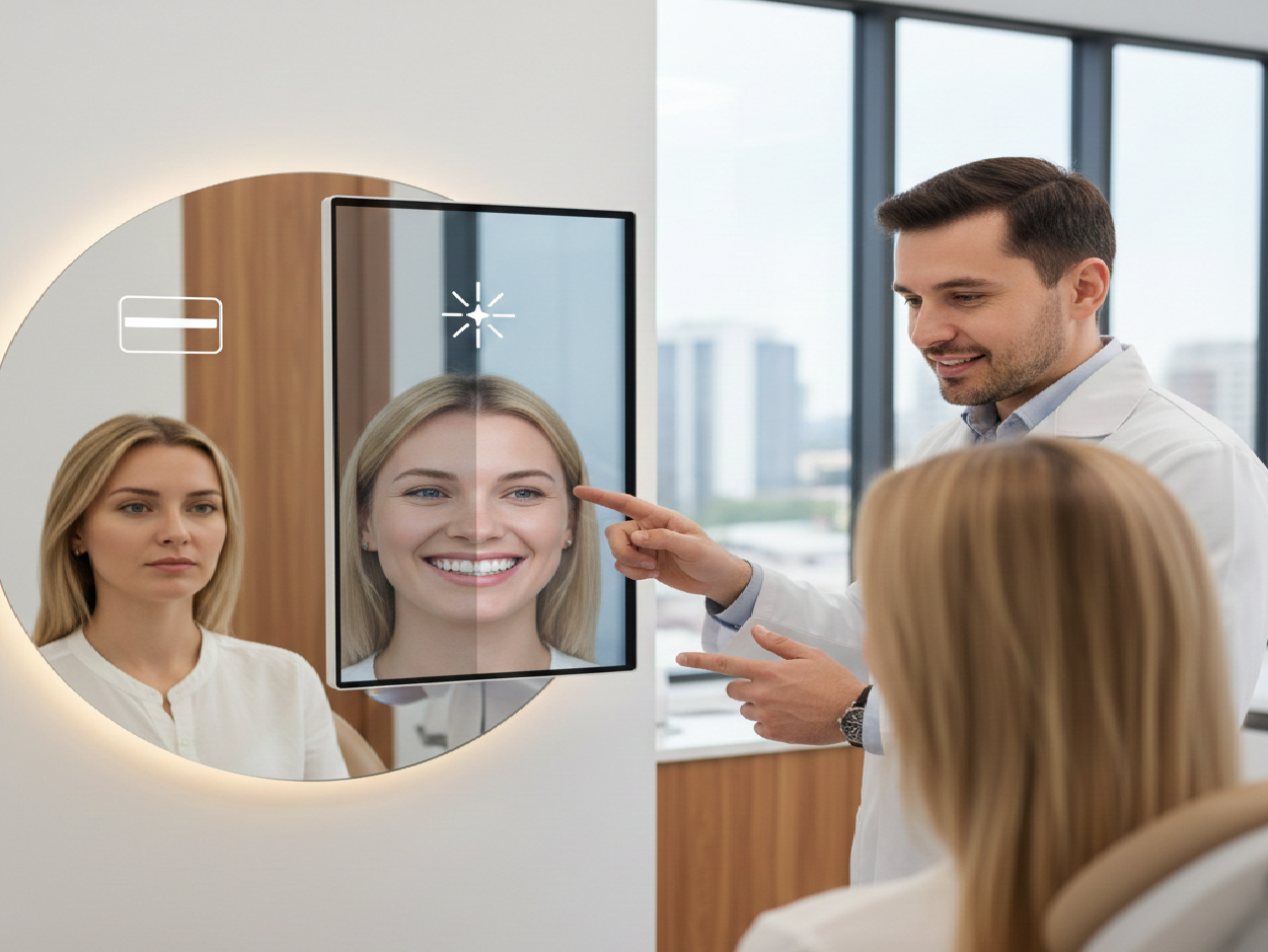 Paciente y dentista comparan opciones estéticas en consulta con espejo y dos rutas visuales sin texto.