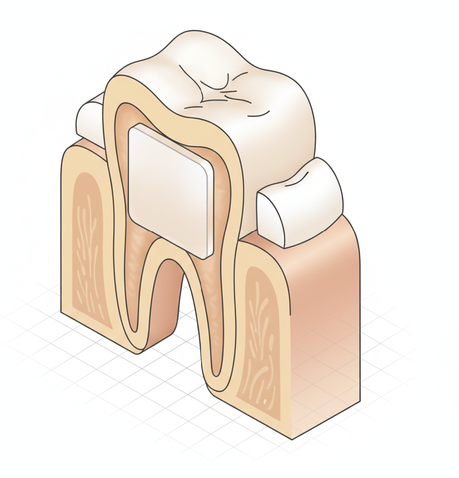 Diente en vista isométrica con lámina adherida que corrige forma y pequeños defectos estéticos.