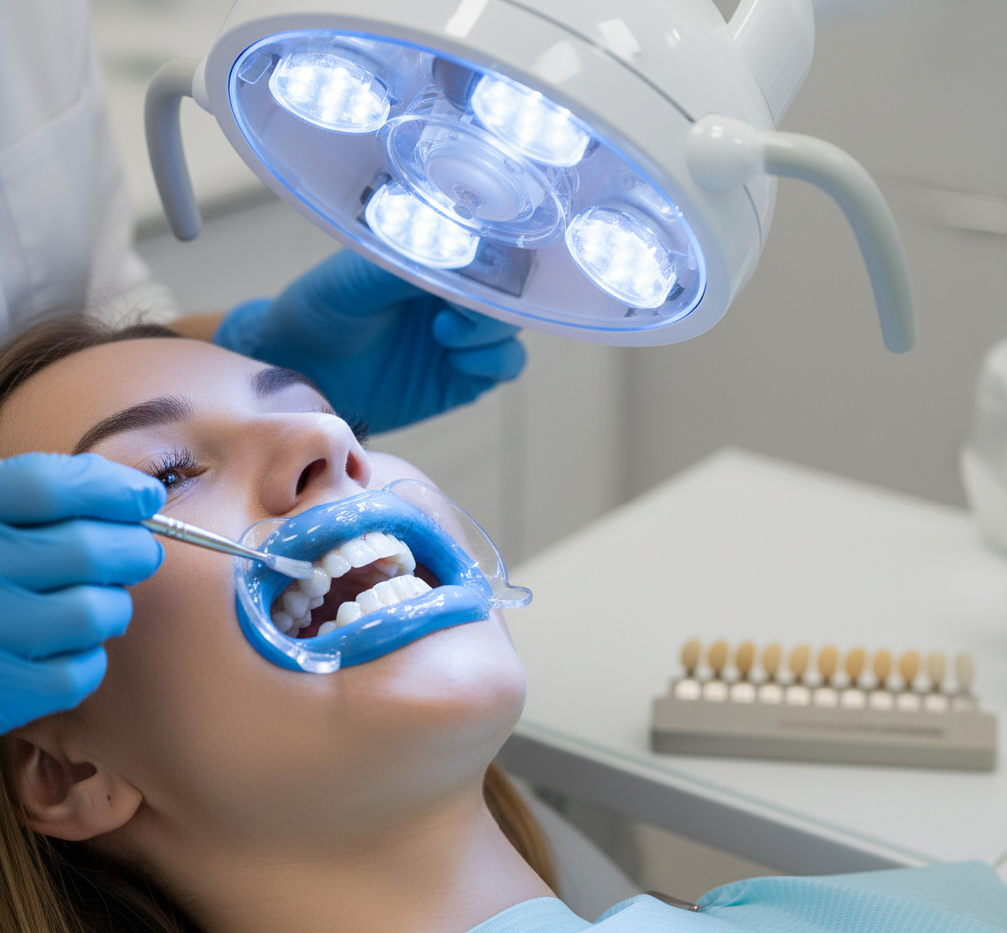 Procedimiento de blanqueamiento con encías protegidas, gel aplicado y luz LED en clínica.
