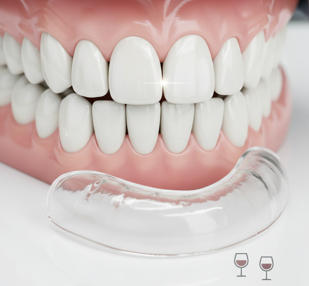 Sonrisa con blanqueamiento general y dos carillas puntuales, junto a férula y señales de cuidado.