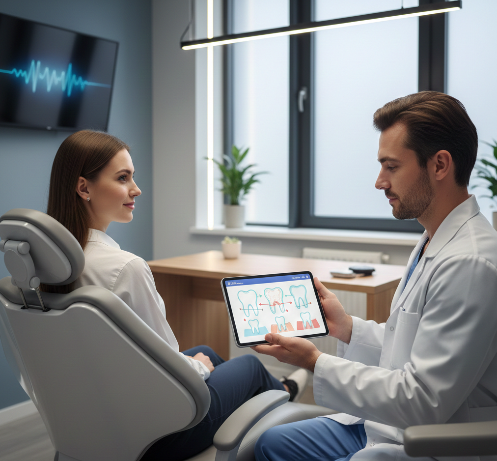 Dentista explica un plan en una tablet a un paciente en consulta tranquila