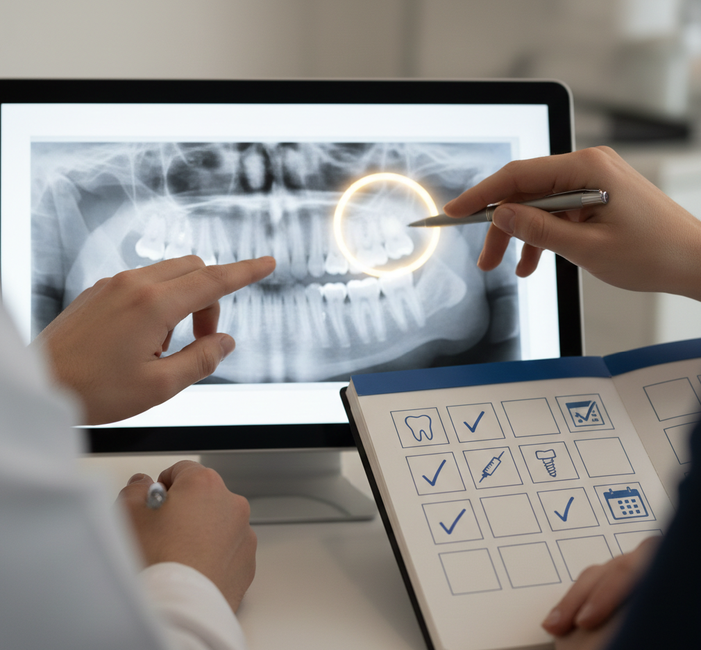 Manos revisan una imagen dental en pantalla con iconos de checklist sin texto