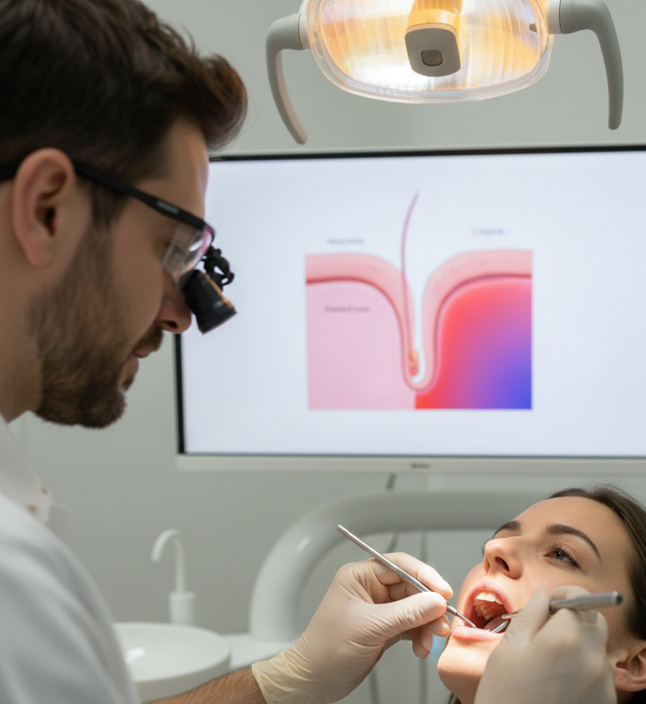 Revisión de encías con espejo dental y pantalla mostrando encía saludable e inflamada