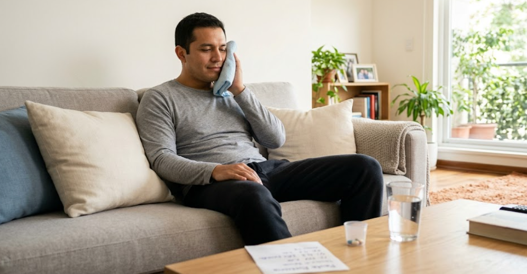 Paciente con compresa fría en casa tras cirugía de implante dental